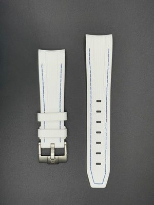 White rubber strap with blue stitching for MoonSwatch and Omega watches